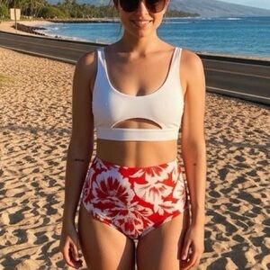 SHADE & SHORE Coral White Hibiscus High Waisted Bikini Bottoms Mix & Match NWT